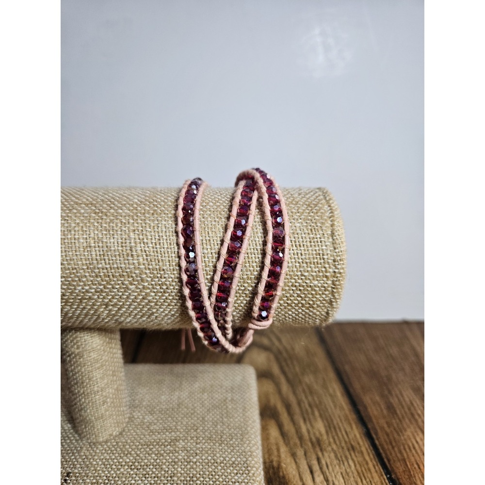 Boho Beaded Leather Multi Wrap Bracelet Burgundy Red Crystal Pink Cord Adjust